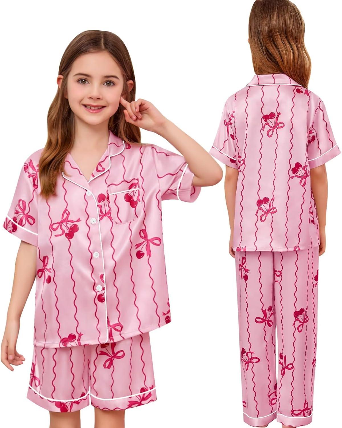 imageSWOMOG Kids Silk Pajamas 3 Piece Girls Boys Satin Pajamas Set ButtonDown PJs Set Soft Loungewear Short Sleeve SleepwearPink Bow