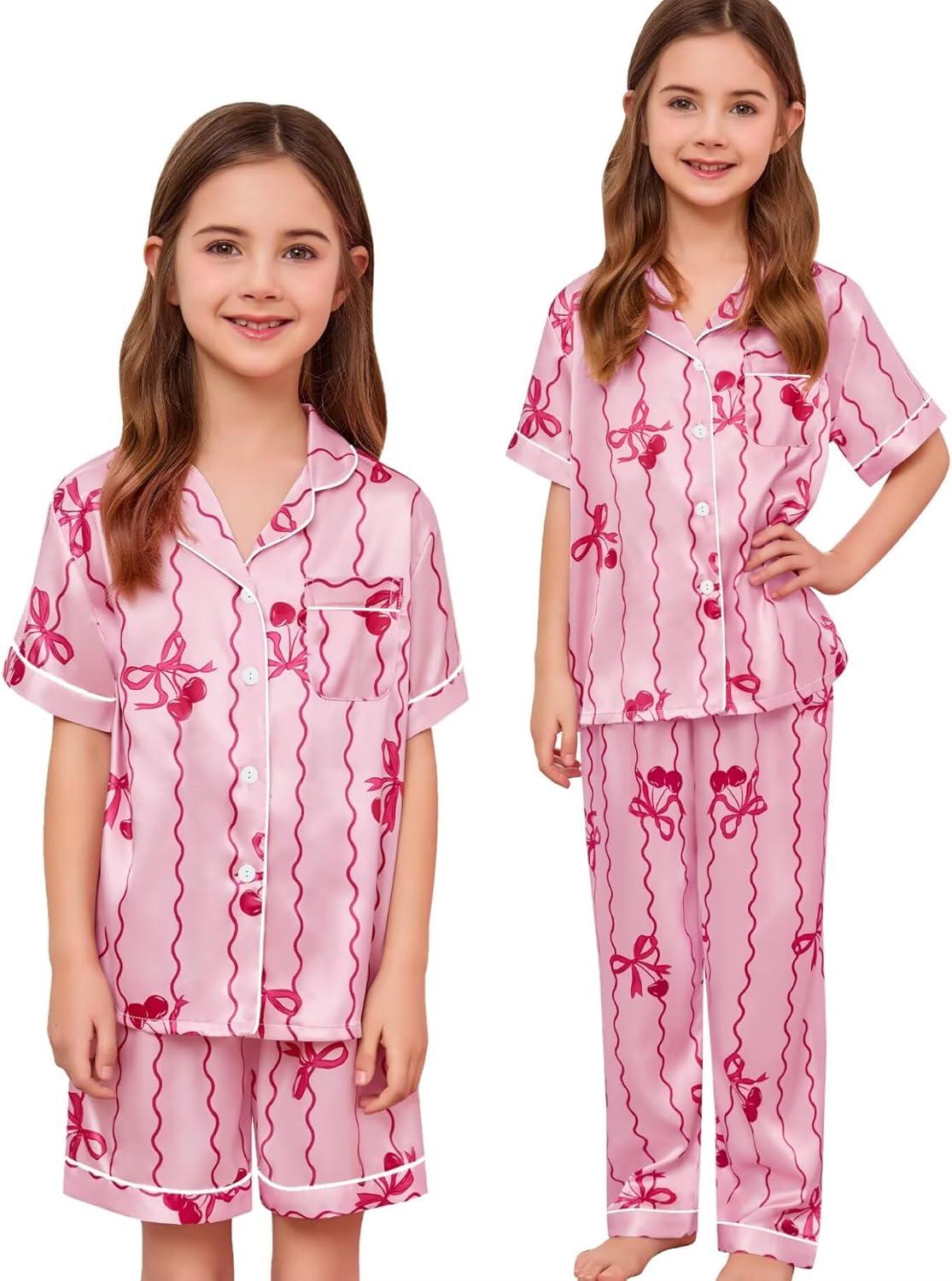 imageSWOMOG Kids Silk Pajamas 3 Piece Girls Boys Satin Pajamas Set ButtonDown PJs Set Soft Loungewear Short Sleeve SleepwearPink Bow