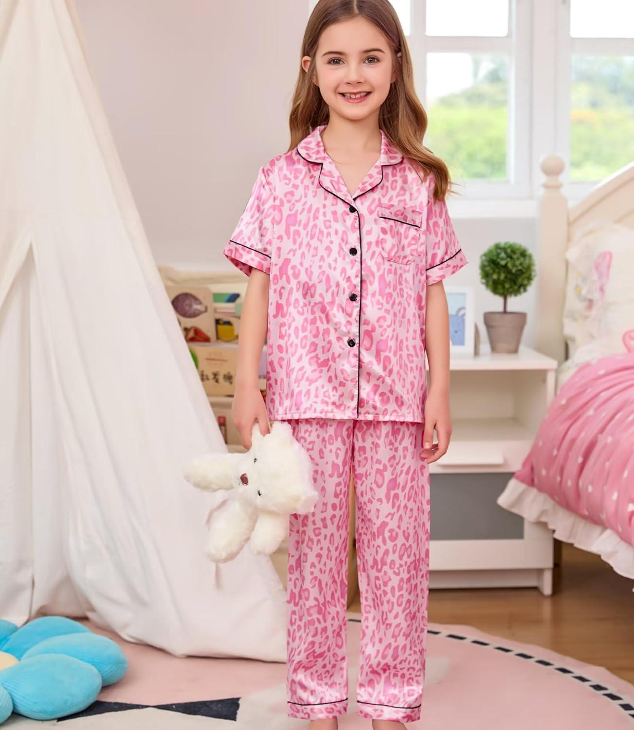 imageSWOMOG Kids Silk Pajamas 3 Piece Girls Boys Satin Pajamas Set ButtonDown PJs Set Soft Loungewear Short Sleeve SleepwearPink Leopard