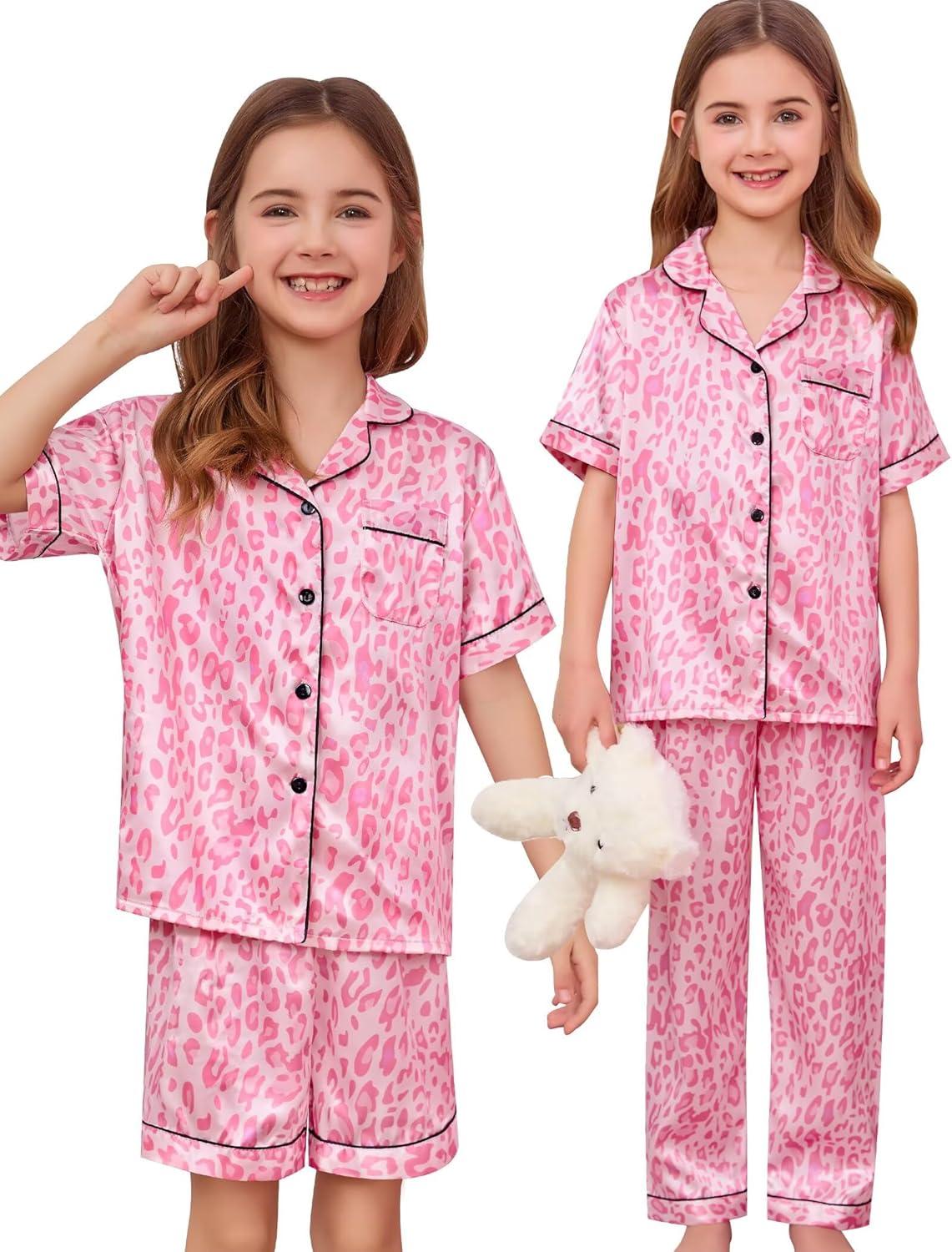 imageSWOMOG Kids Silk Pajamas 3 Piece Girls Boys Satin Pajamas Set ButtonDown PJs Set Soft Loungewear Short Sleeve SleepwearPink Leopard