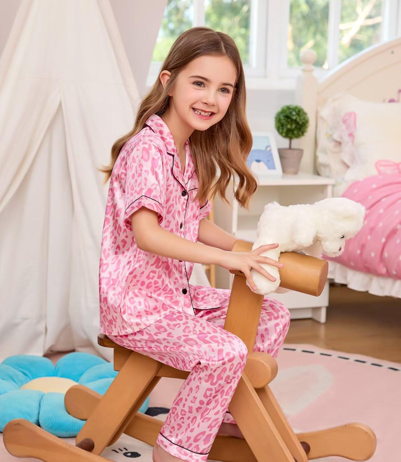 imageSWOMOG Kids Silk Pajamas 3 Piece Girls Boys Satin Pajamas Set ButtonDown PJs Set Soft Loungewear Short Sleeve SleepwearPink Leopard