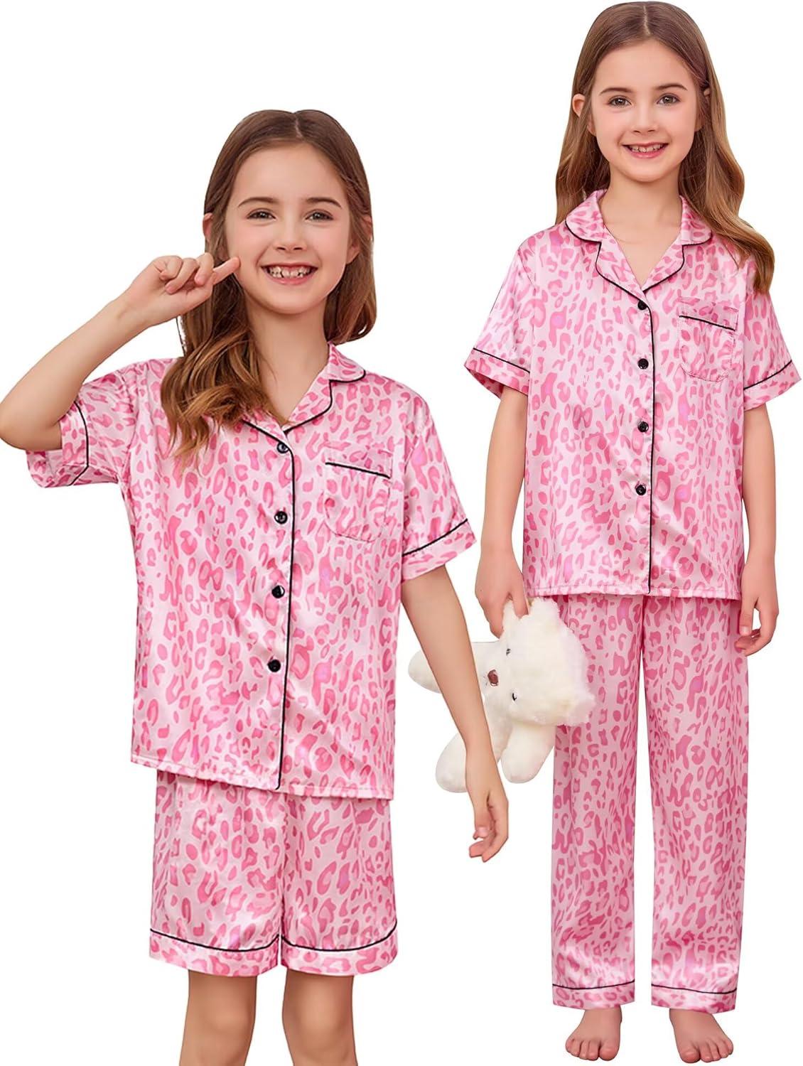imageSWOMOG Kids Silk Pajamas 3 Piece Girls Boys Satin Pajamas Set ButtonDown PJs Set Soft Loungewear Short Sleeve SleepwearPink Print Leopard