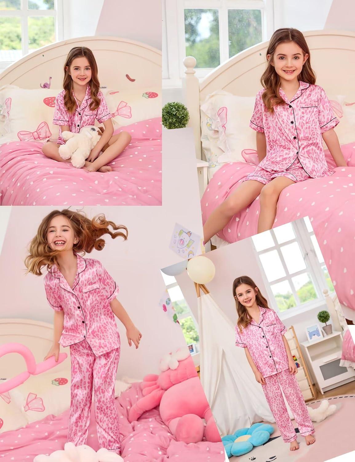 imageSWOMOG Kids Silk Pajamas 3 Piece Girls Boys Satin Pajamas Set ButtonDown PJs Set Soft Loungewear Short Sleeve SleepwearPink Print Leopard