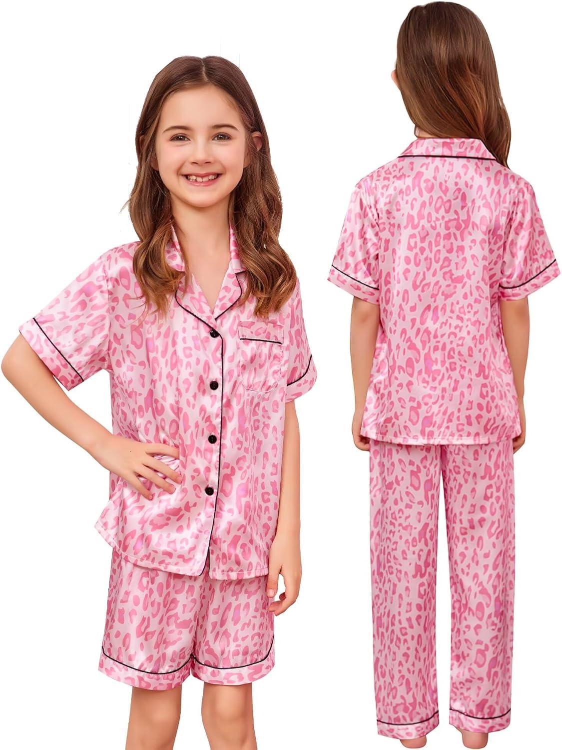 imageSWOMOG Kids Silk Pajamas 3 Piece Girls Boys Satin Pajamas Set ButtonDown PJs Set Soft Loungewear Short Sleeve SleepwearPink Print Leopard