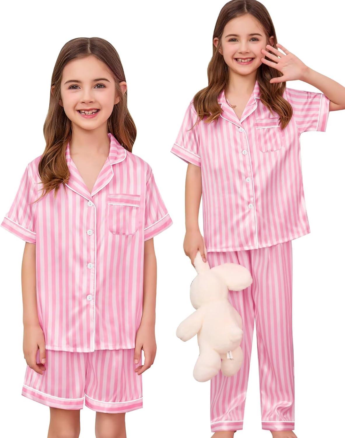 imageSWOMOG Kids Silk Pajamas 3 Piece Girls Boys Satin Pajamas Set ButtonDown PJs Set Soft Loungewear Short Sleeve SleepwearPink Striped