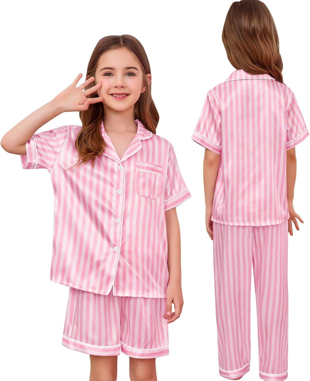 imageSWOMOG Kids Silk Pajamas 3 Piece Girls Boys Satin Pajamas Set ButtonDown PJs Set Soft Loungewear Short Sleeve SleepwearPink Striped