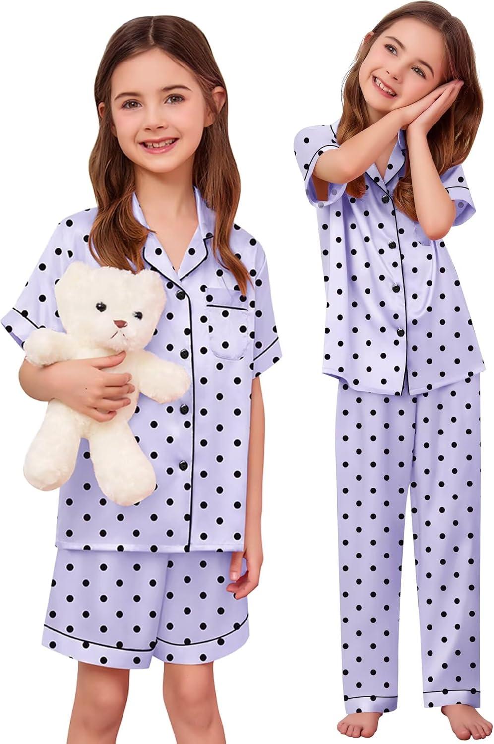 imageSWOMOG Kids Silk Pajamas 3 Piece Girls Boys Satin Pajamas Set ButtonDown PJs Set Soft Loungewear Short Sleeve SleepwearPurple Black