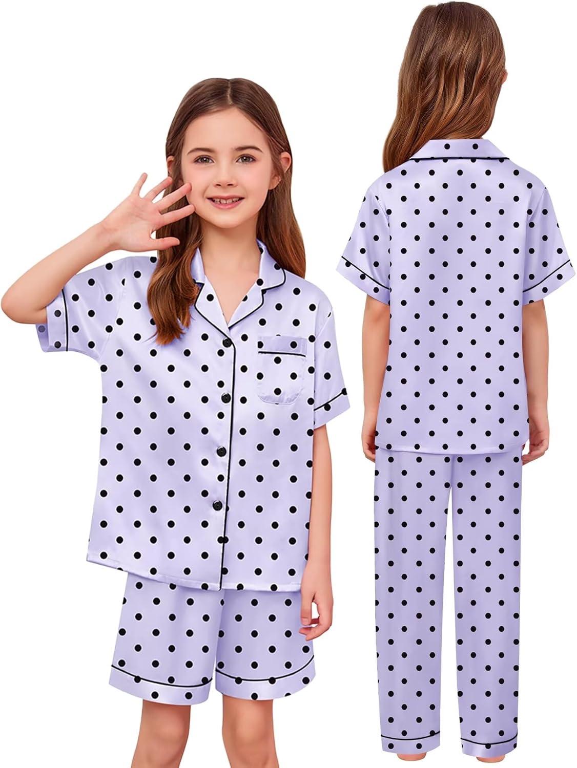 imageSWOMOG Kids Silk Pajamas 3 Piece Girls Boys Satin Pajamas Set ButtonDown PJs Set Soft Loungewear Short Sleeve SleepwearPurple Black