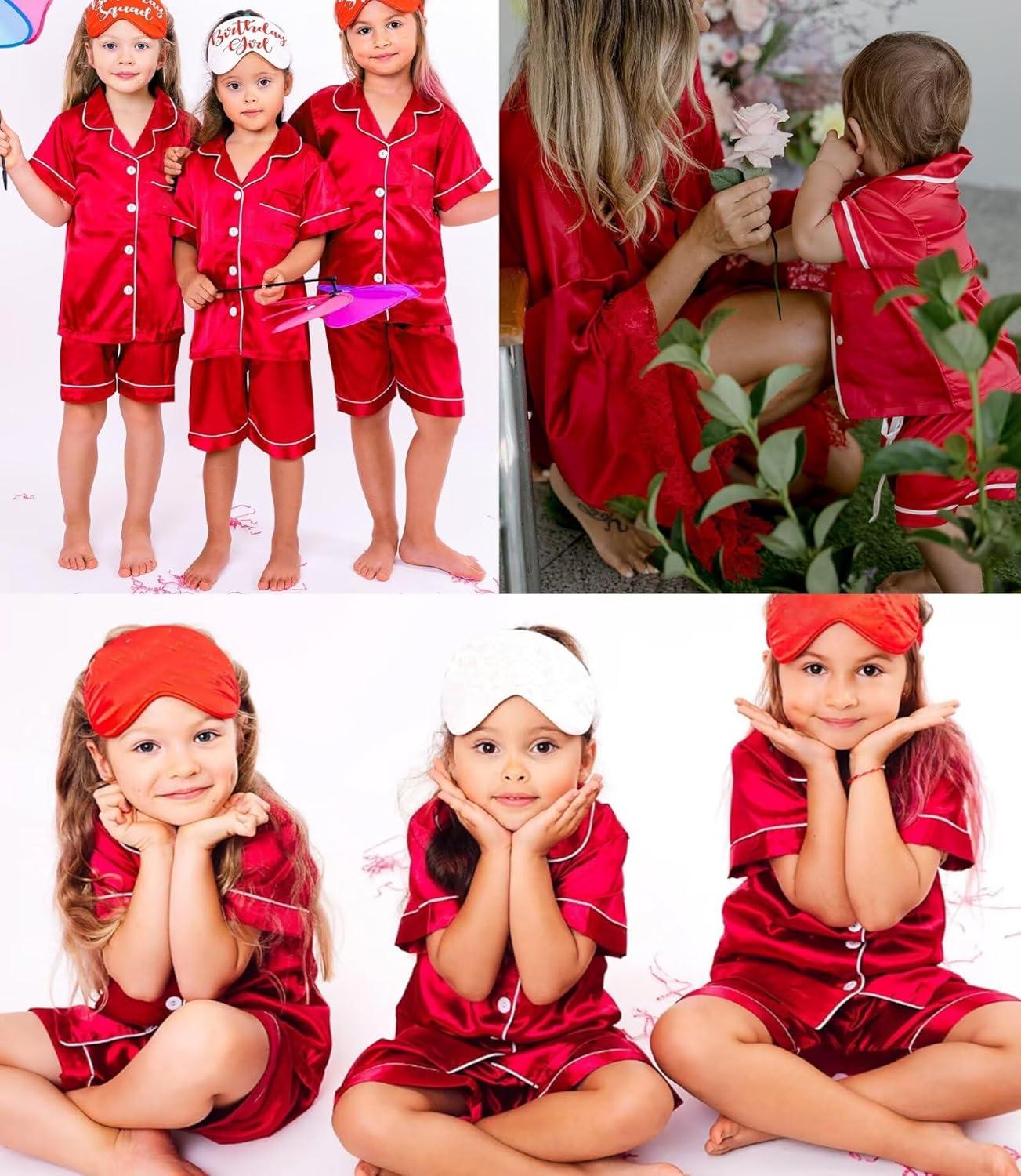 imageSWOMOG Kids Silk Pajamas 3 Piece Girls Boys Satin Pajamas Set ButtonDown PJs Set Soft Loungewear Short Sleeve SleepwearRed 1