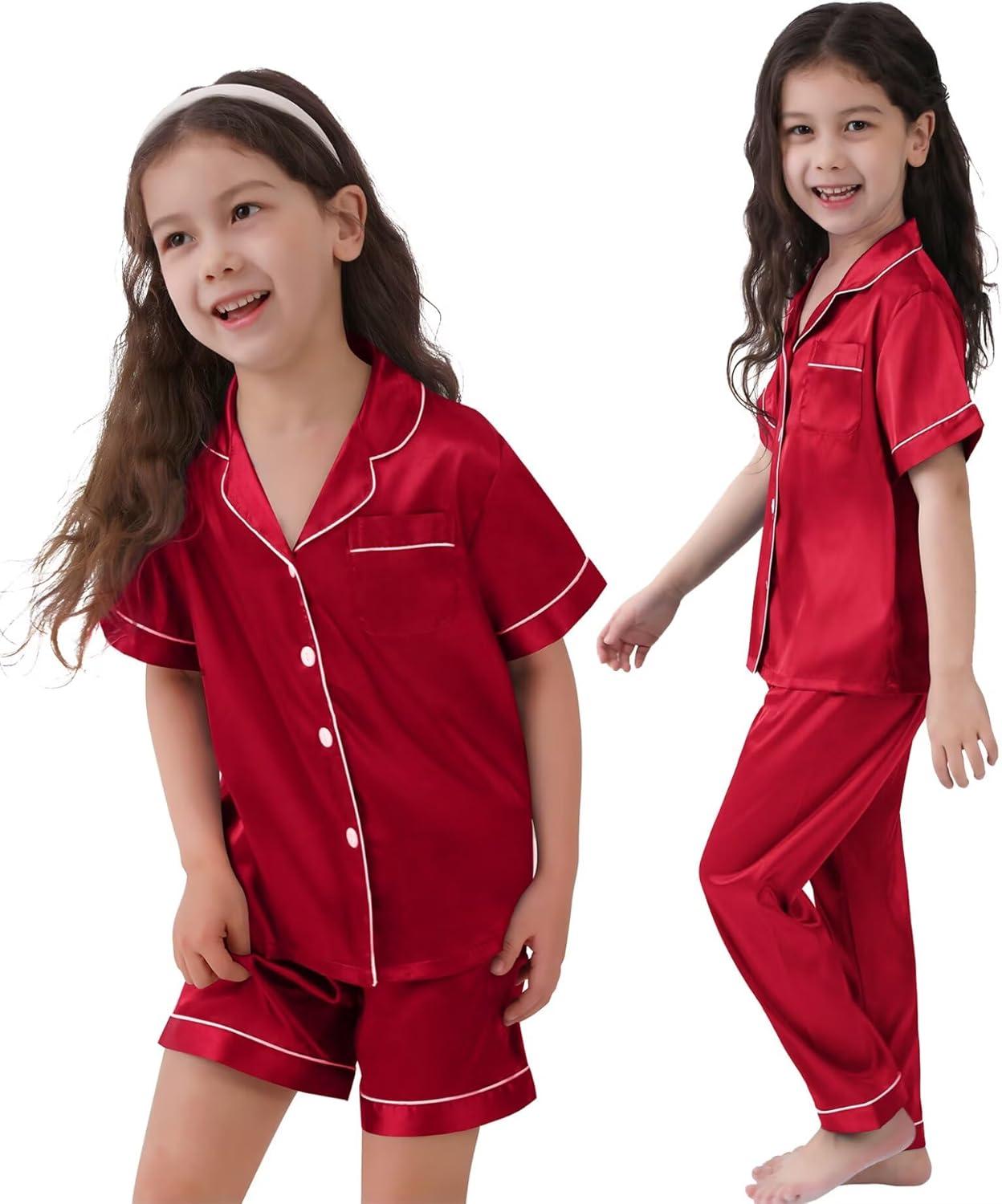 imageSWOMOG Kids Silk Pajamas 3 Piece Girls Boys Satin Pajamas Set ButtonDown PJs Set Soft Loungewear Short Sleeve SleepwearRed 1