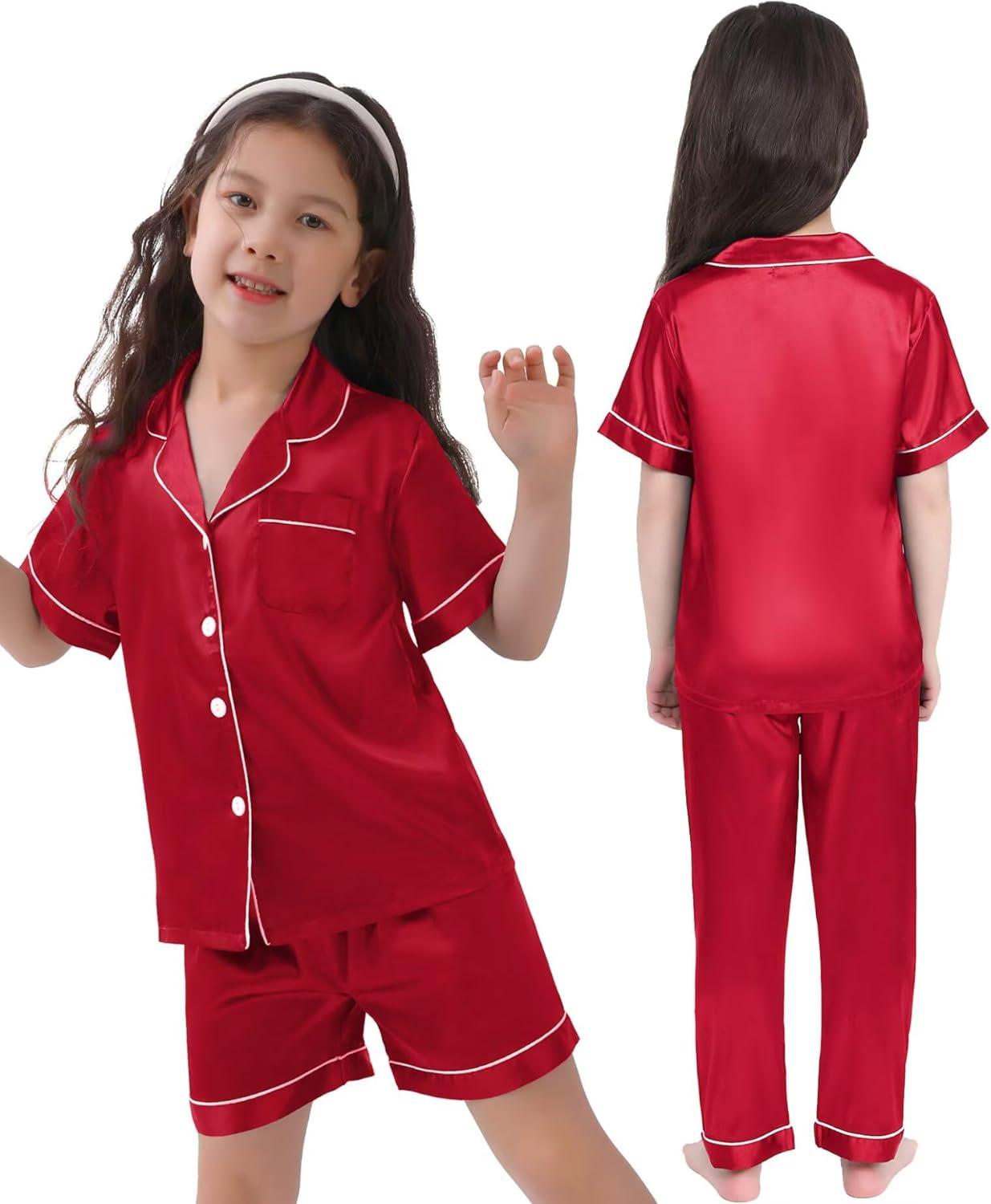 imageSWOMOG Kids Silk Pajamas 3 Piece Girls Boys Satin Pajamas Set ButtonDown PJs Set Soft Loungewear Short Sleeve SleepwearRed 1