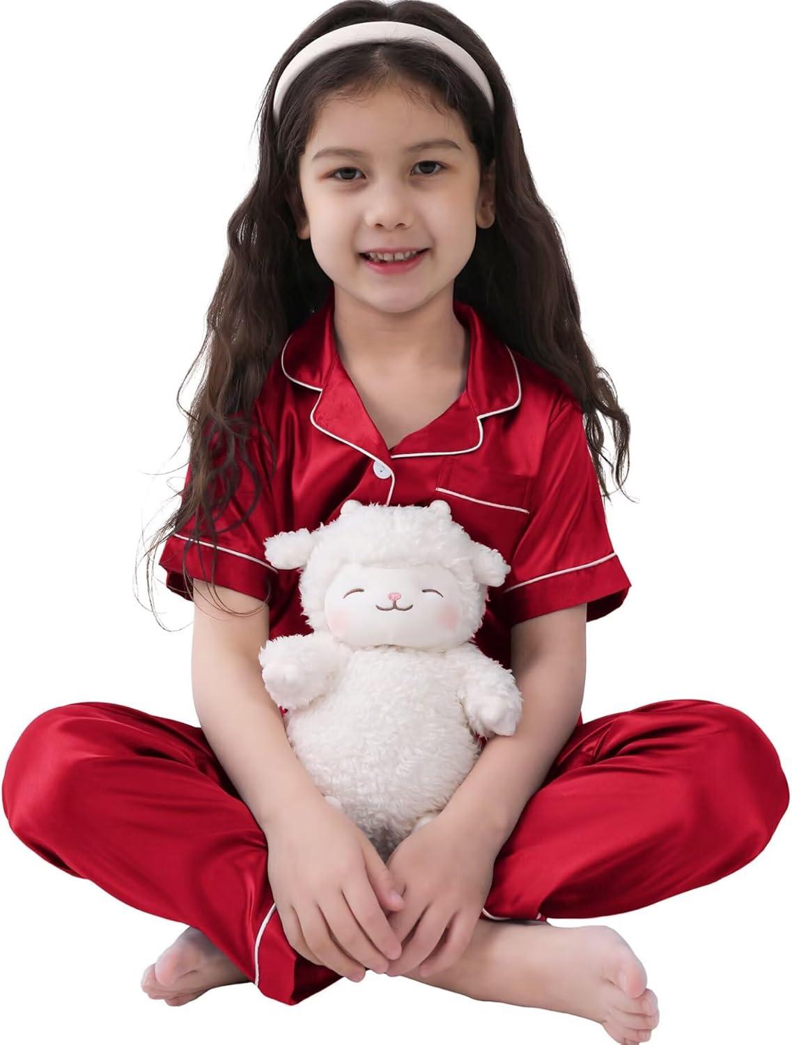 imageSWOMOG Kids Silk Pajamas 3 Piece Girls Boys Satin Pajamas Set ButtonDown PJs Set Soft Loungewear Short Sleeve SleepwearRed 1