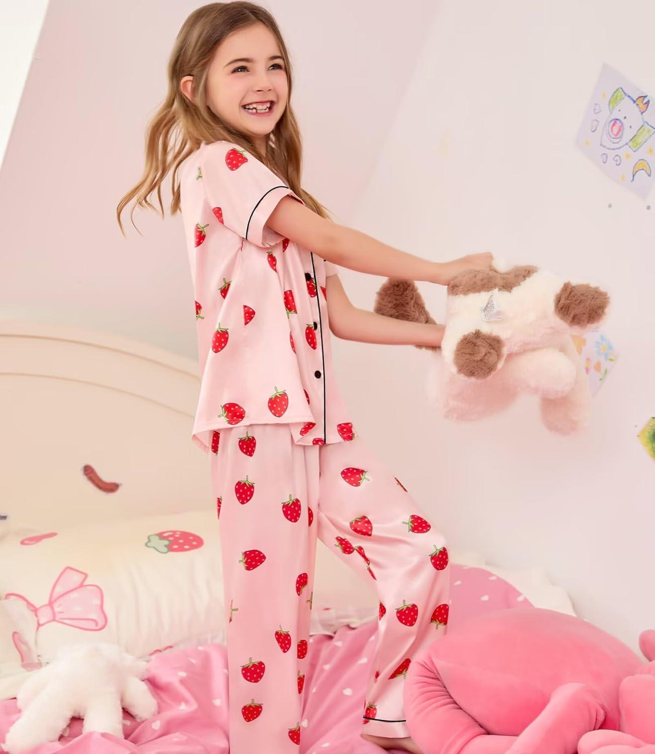 imageSWOMOG Kids Silk Pajamas 3 Piece Girls Boys Satin Pajamas Set ButtonDown PJs Set Soft Loungewear Short Sleeve SleepwearSakura Pink Strawberry