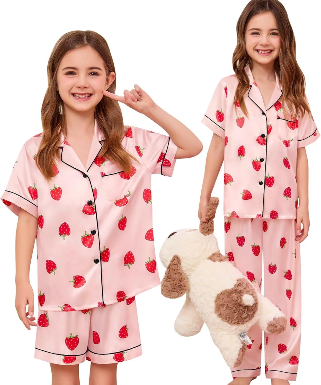 imageSWOMOG Kids Silk Pajamas 3 Piece Girls Boys Satin Pajamas Set ButtonDown PJs Set Soft Loungewear Short Sleeve SleepwearSakura Pink Strawberry