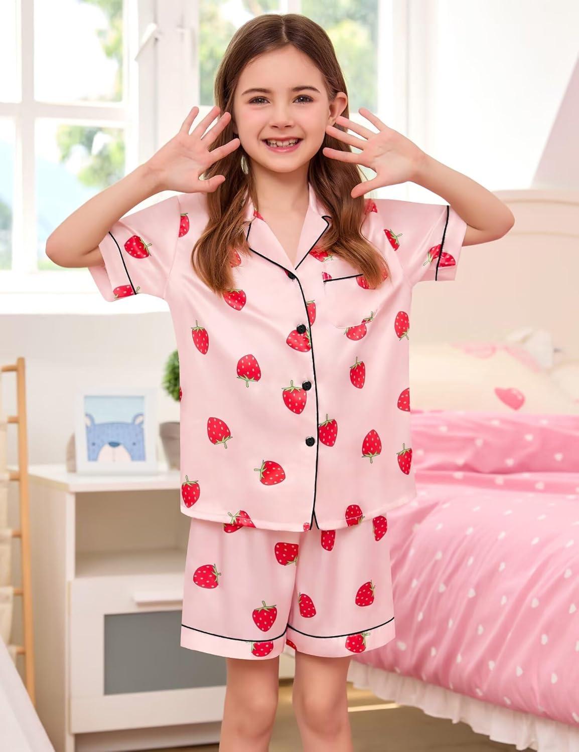 imageSWOMOG Kids Silk Pajamas 3 Piece Girls Boys Satin Pajamas Set ButtonDown PJs Set Soft Loungewear Short Sleeve SleepwearStrawberry Pink