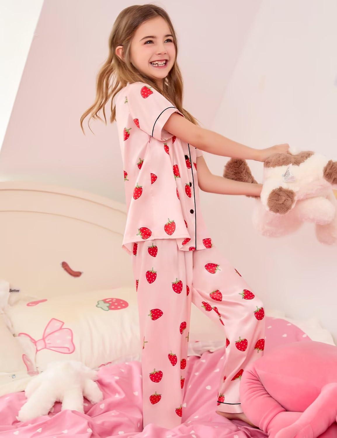 imageSWOMOG Kids Silk Pajamas 3 Piece Girls Boys Satin Pajamas Set ButtonDown PJs Set Soft Loungewear Short Sleeve SleepwearStrawberry Pink