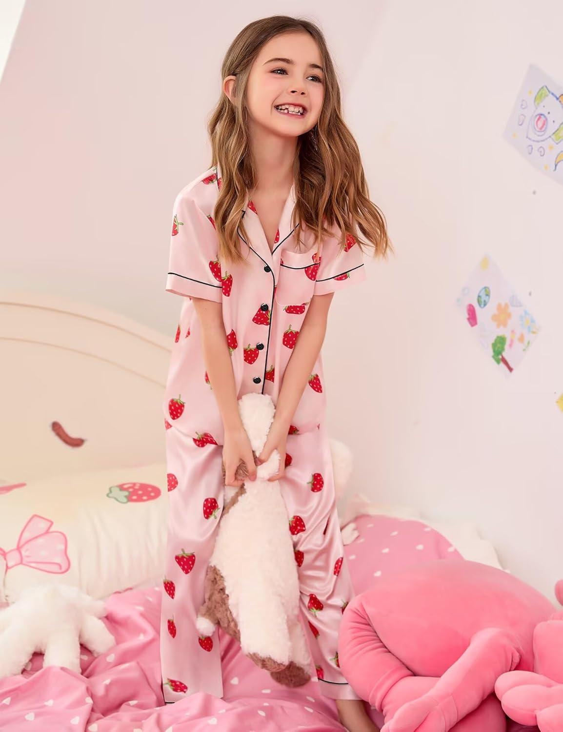imageSWOMOG Kids Silk Pajamas 3 Piece Girls Boys Satin Pajamas Set ButtonDown PJs Set Soft Loungewear Short Sleeve SleepwearStrawberry Pink
