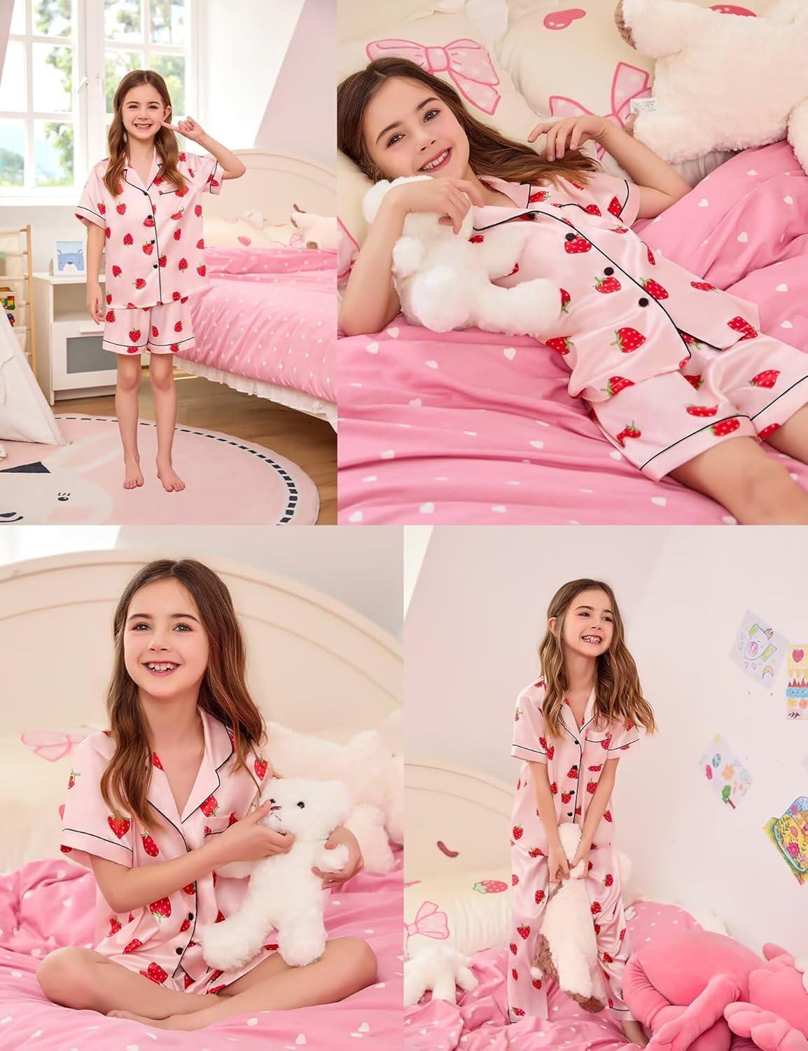 imageSWOMOG Kids Silk Pajamas 3 Piece Girls Boys Satin Pajamas Set ButtonDown PJs Set Soft Loungewear Short Sleeve SleepwearStrawberry Pink