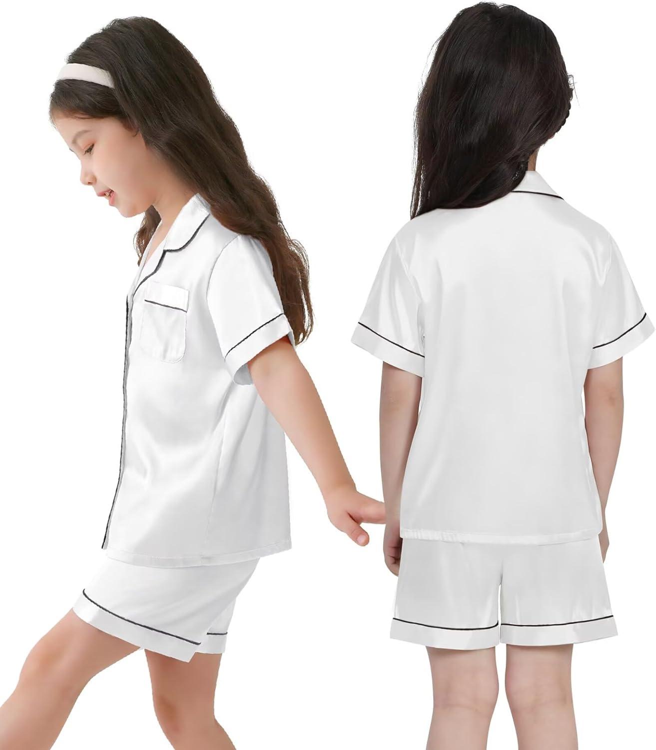 imageSWOMOG Kids Silk Pajamas 3 Piece Girls Boys Satin Pajamas Set ButtonDown PJs Set Soft Loungewear Short Sleeve SleepwearWhite