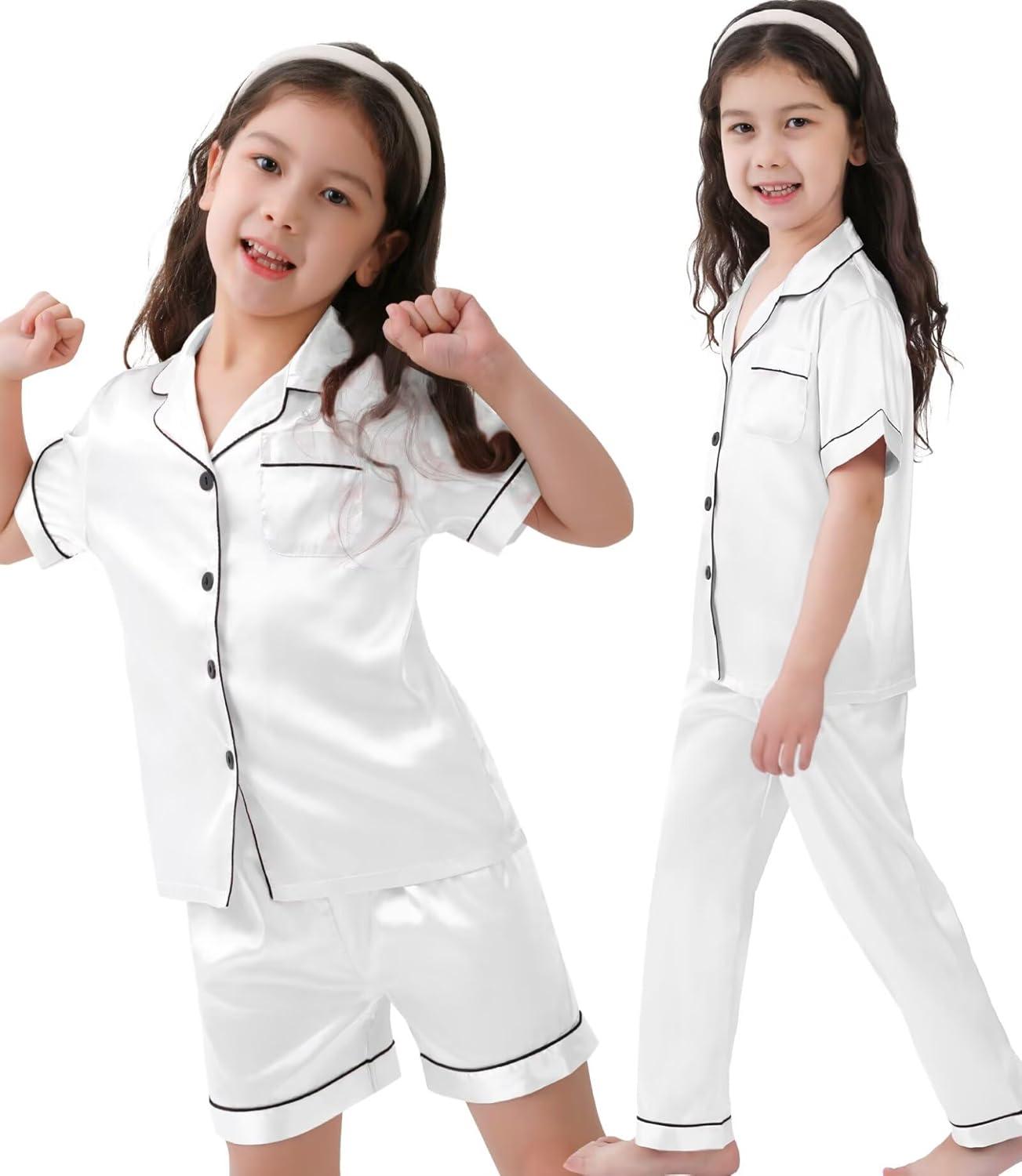 imageSWOMOG Kids Silk Pajamas 3 Piece Girls Boys Satin Pajamas Set ButtonDown PJs Set Soft Loungewear Short Sleeve SleepwearWhite