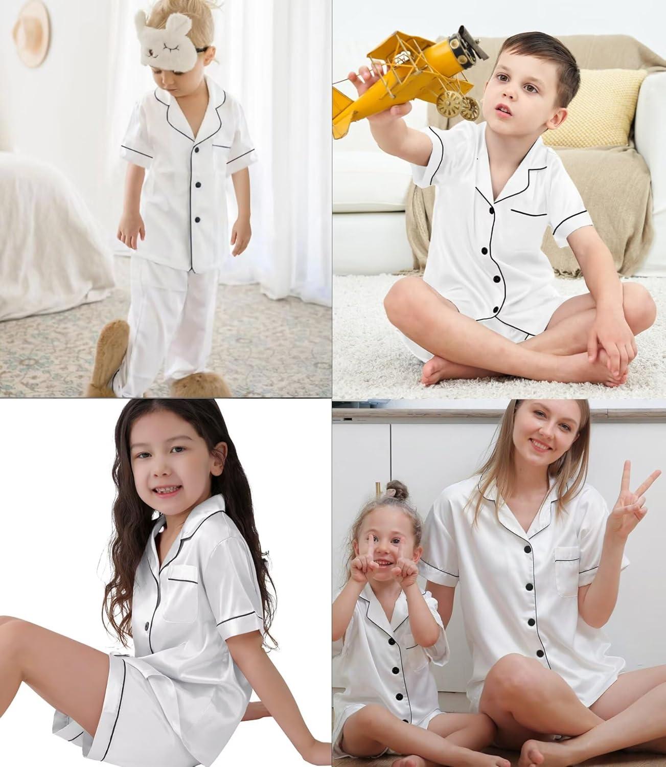 imageSWOMOG Kids Silk Pajamas 3 Piece Girls Boys Satin Pajamas Set ButtonDown PJs Set Soft Loungewear Short Sleeve SleepwearWhite
