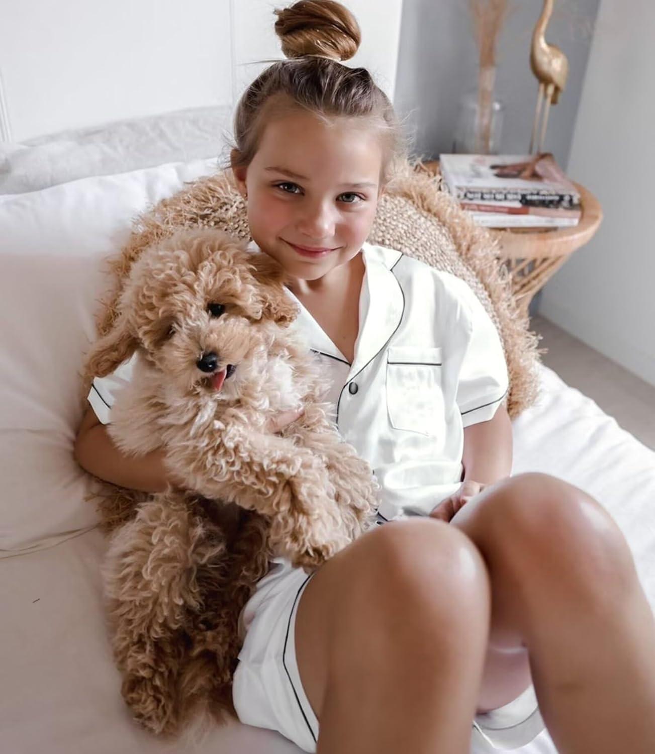 imageSWOMOG Kids Silk Pajamas 3 Piece Girls Boys Satin Pajamas Set ButtonDown PJs Set Soft Loungewear Short Sleeve SleepwearWhite