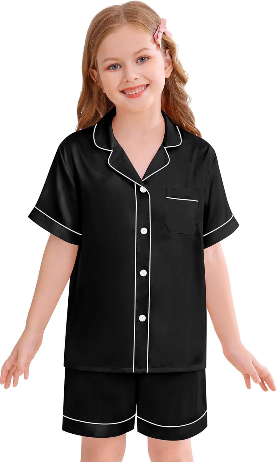 imageSWOMOG Kids Silky Satin Pajamas Set Girls Boys ButtonDown Sleepwear Short Sleeve 2 Piece PJs Sets Lounge SetsBlack