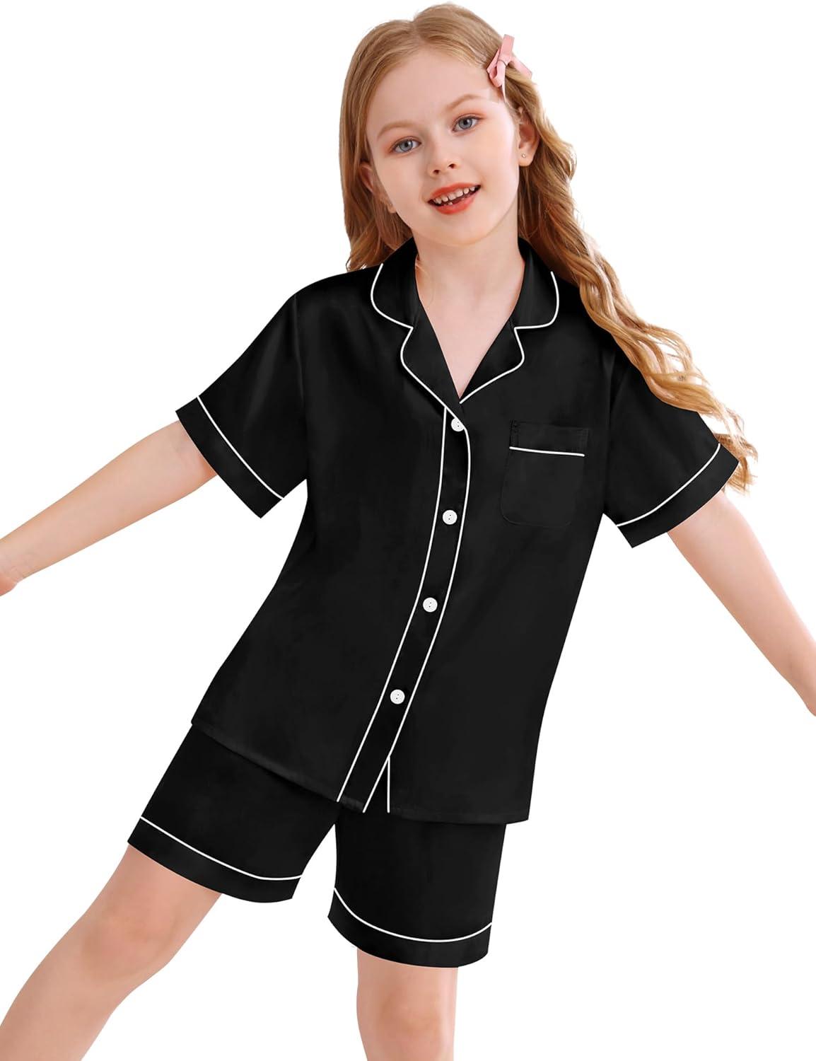 imageSWOMOG Kids Silky Satin Pajamas Set Girls Boys ButtonDown Sleepwear Short Sleeve 2 Piece PJs Sets Lounge SetsBlack