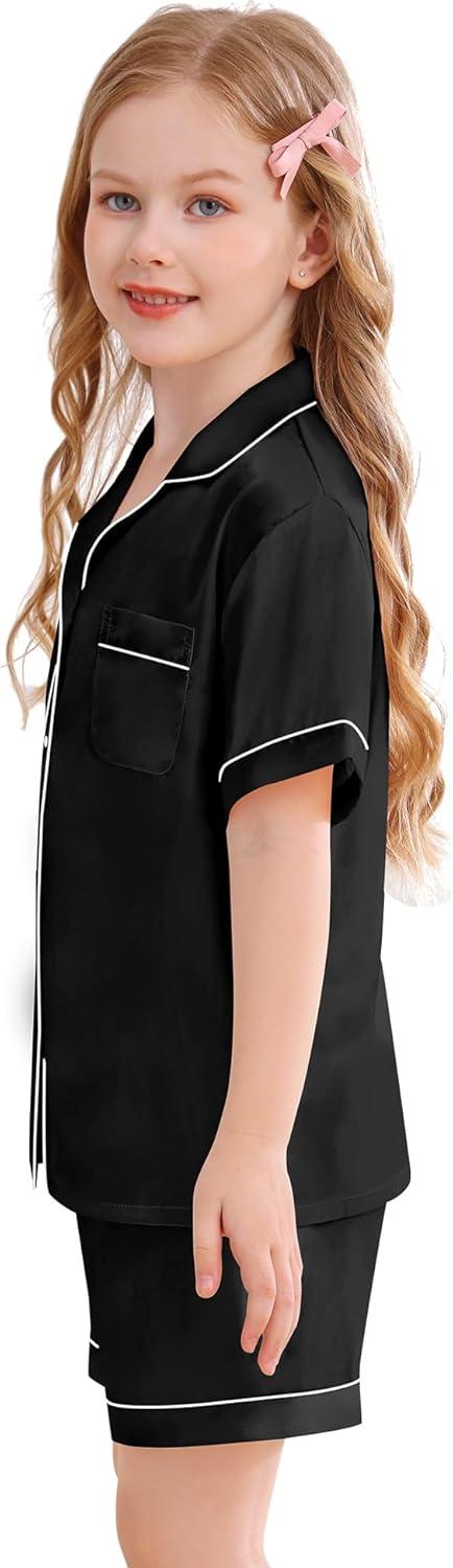 imageSWOMOG Kids Silky Satin Pajamas Set Girls Boys ButtonDown Sleepwear Short Sleeve 2 Piece PJs Sets Lounge SetsBlack