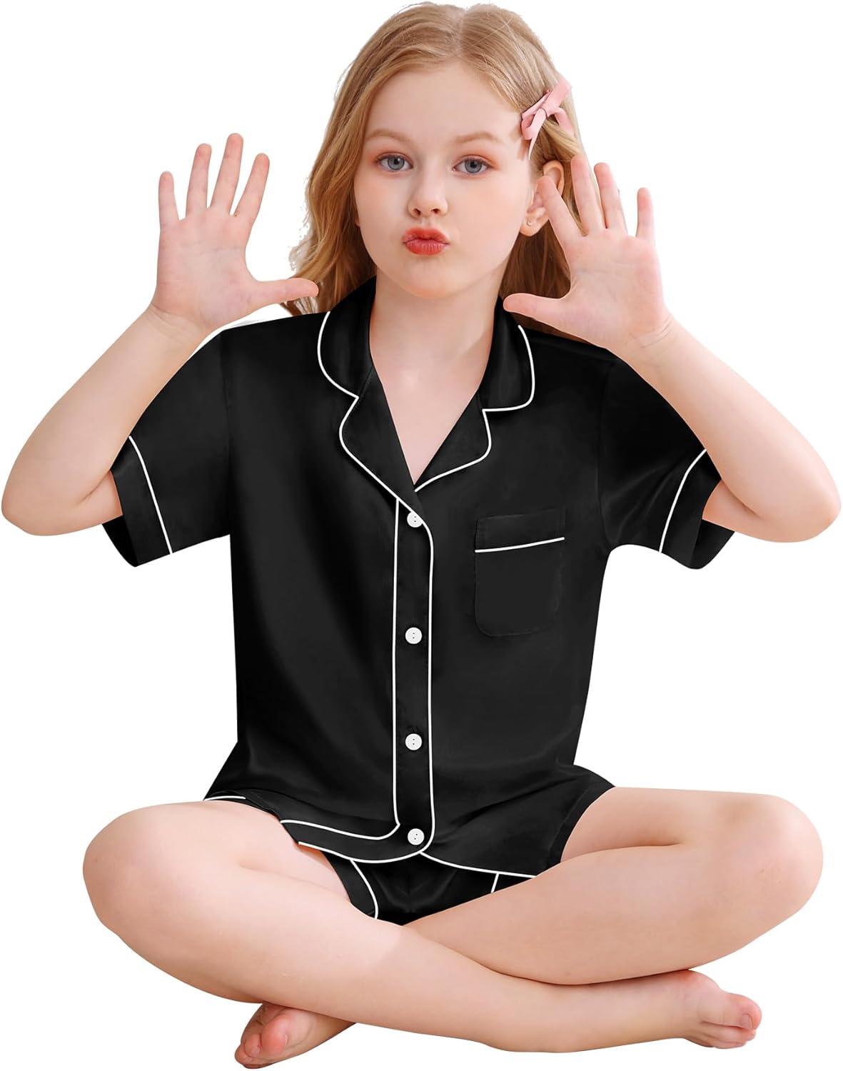 imageSWOMOG Kids Silky Satin Pajamas Set Girls Boys ButtonDown Sleepwear Short Sleeve 2 Piece PJs Sets Lounge SetsBlack