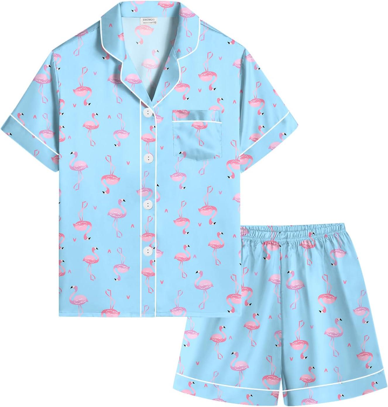 imageSWOMOG Kids Silky Satin Pajamas Set Girls Boys ButtonDown Sleepwear Short Sleeve 2 Piece PJs Sets Lounge SetsBlue Flamingo