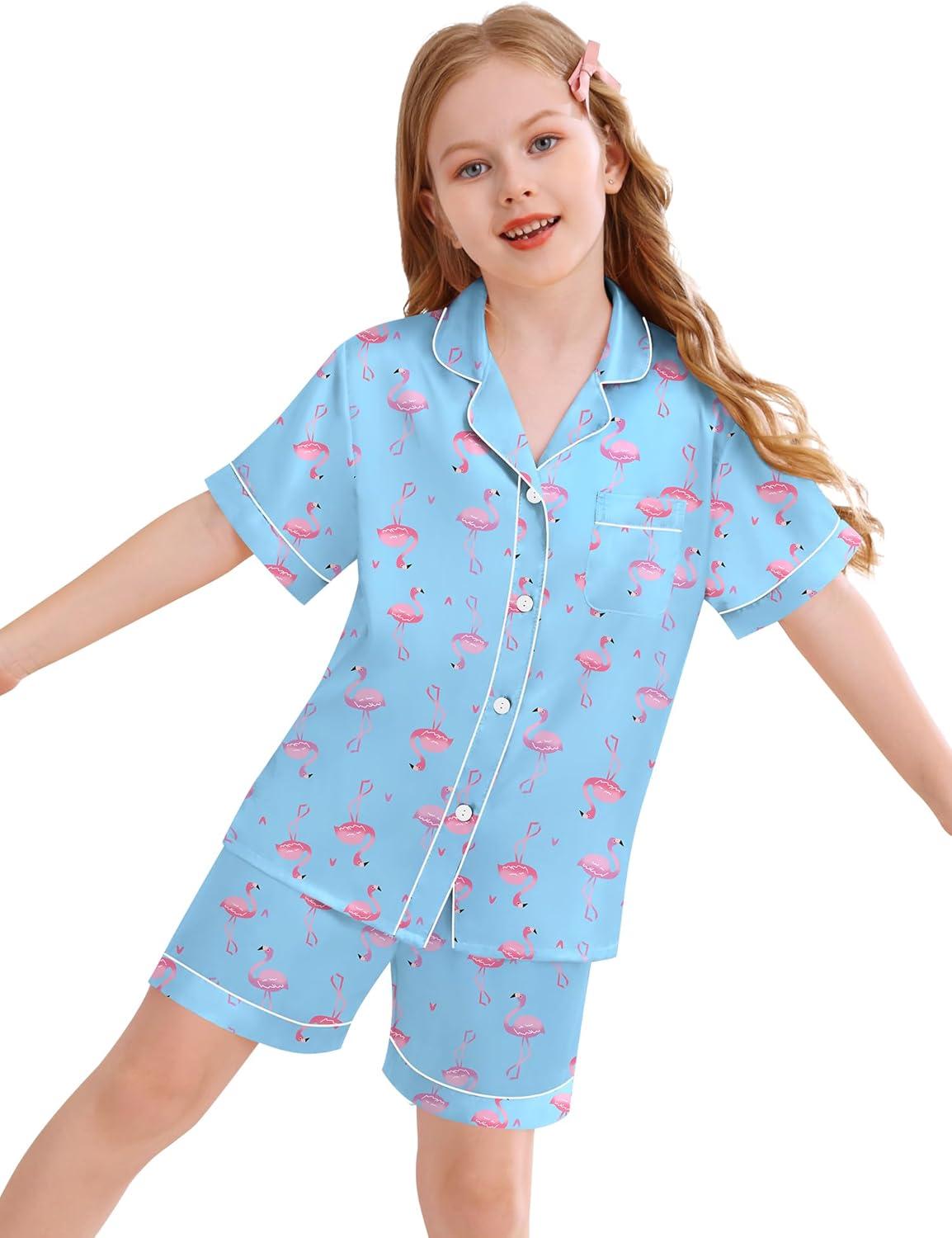 imageSWOMOG Kids Silky Satin Pajamas Set Girls Boys ButtonDown Sleepwear Short Sleeve 2 Piece PJs Sets Lounge SetsBlue Flamingo
