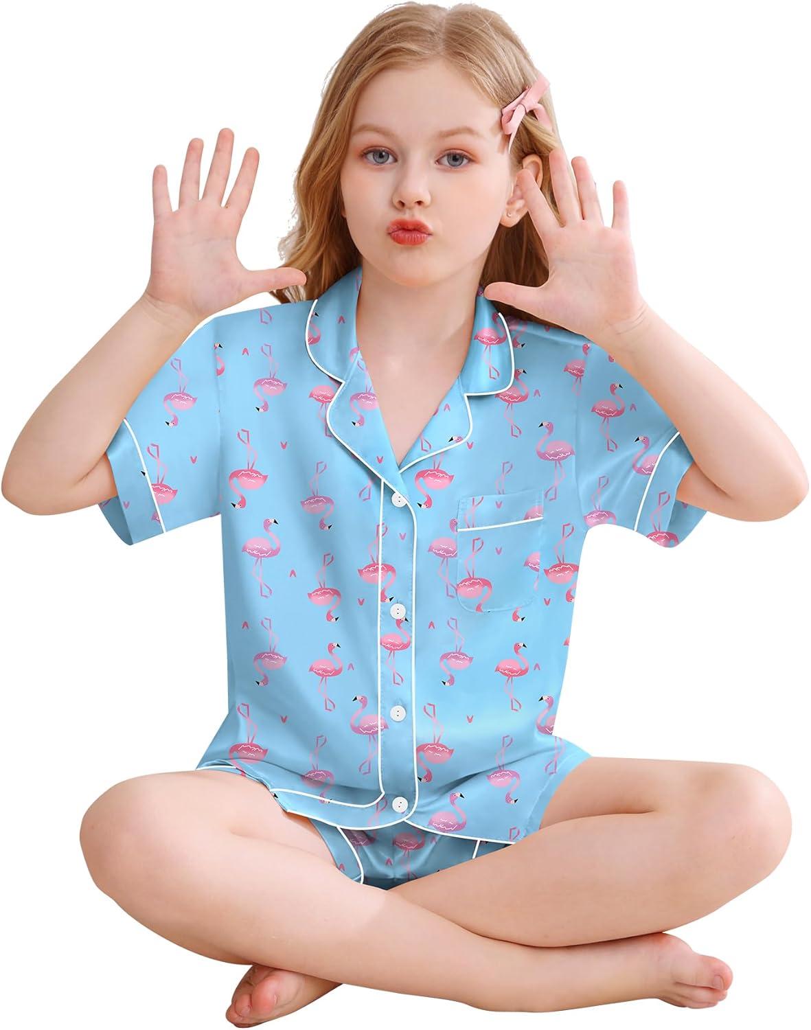 imageSWOMOG Kids Silky Satin Pajamas Set Girls Boys ButtonDown Sleepwear Short Sleeve 2 Piece PJs Sets Lounge SetsBlue Flamingo