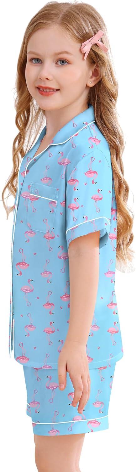 imageSWOMOG Kids Silky Satin Pajamas Set Girls Boys ButtonDown Sleepwear Short Sleeve 2 Piece PJs Sets Lounge SetsBlue Flamingo