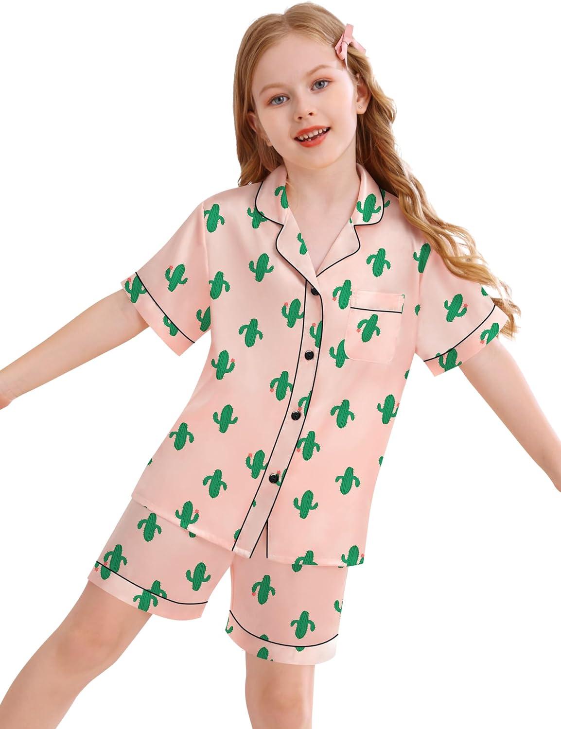 imageSWOMOG Kids Silky Satin Pajamas Set Girls Boys ButtonDown Sleepwear Short Sleeve 2 Piece PJs Sets Lounge SetsCactus Pink