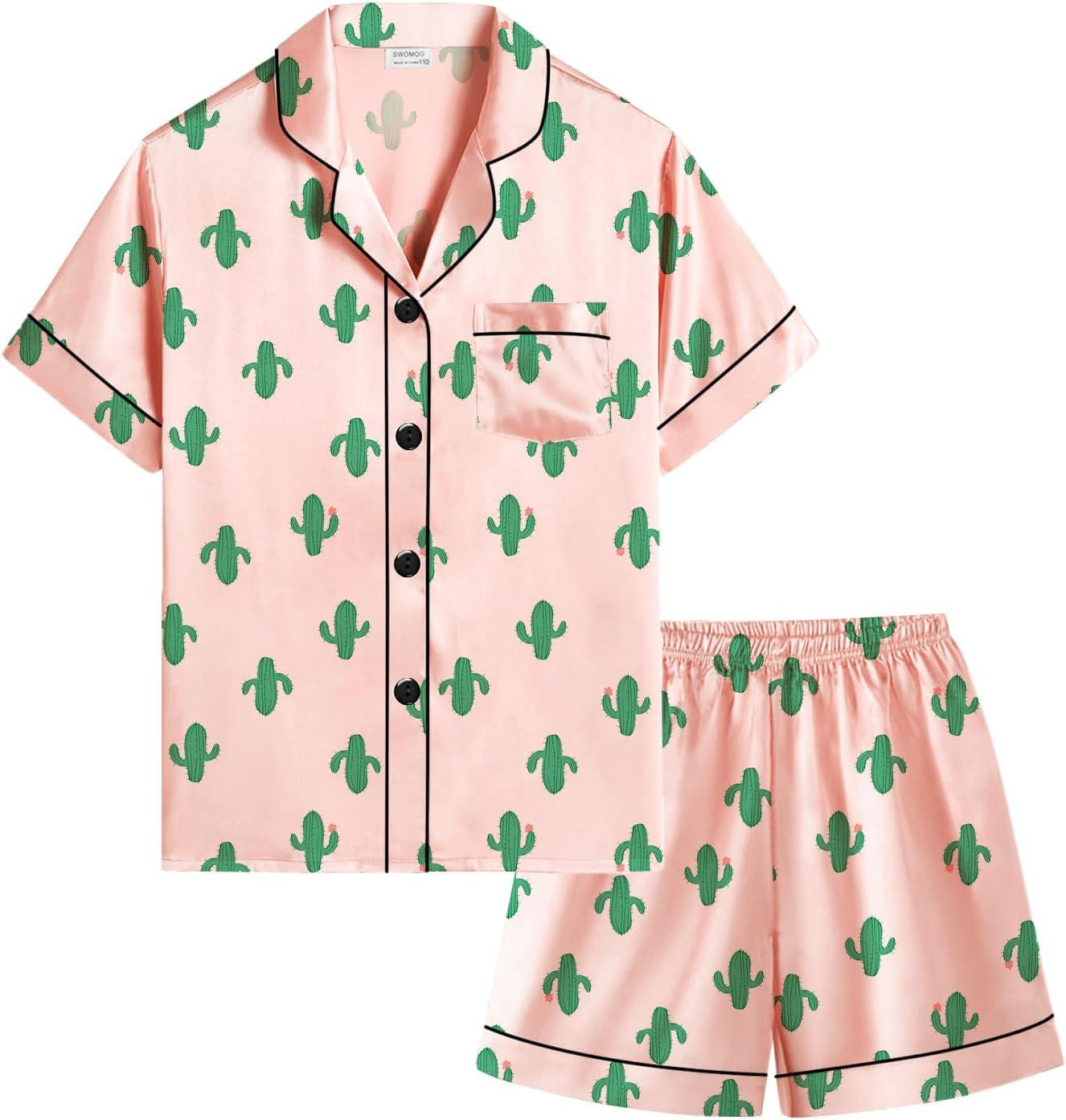 imageSWOMOG Kids Silky Satin Pajamas Set Girls Boys ButtonDown Sleepwear Short Sleeve 2 Piece PJs Sets Lounge SetsCactus Pink