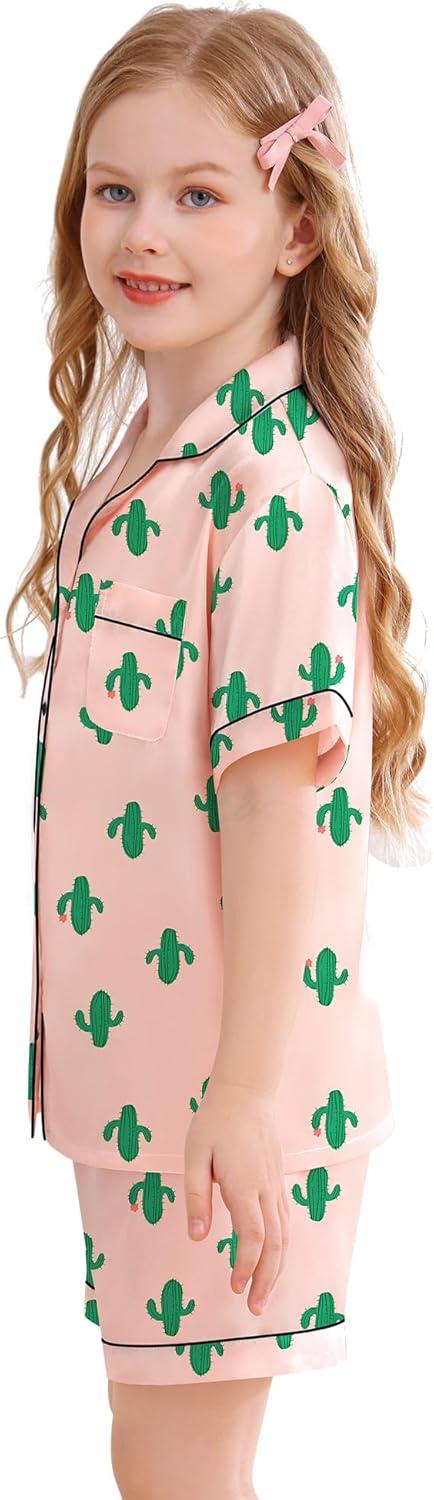 imageSWOMOG Kids Silky Satin Pajamas Set Girls Boys ButtonDown Sleepwear Short Sleeve 2 Piece PJs Sets Lounge SetsCactus Pink