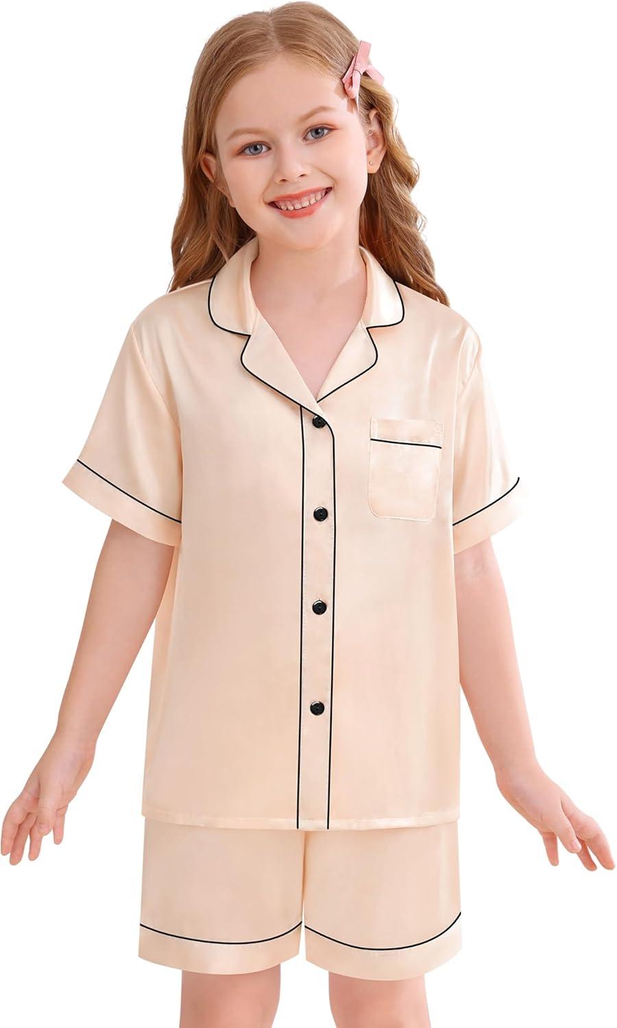 imageSWOMOG Kids Silky Satin Pajamas Set Girls Boys ButtonDown Sleepwear Short Sleeve 2 Piece PJs Sets Lounge SetsChampagne