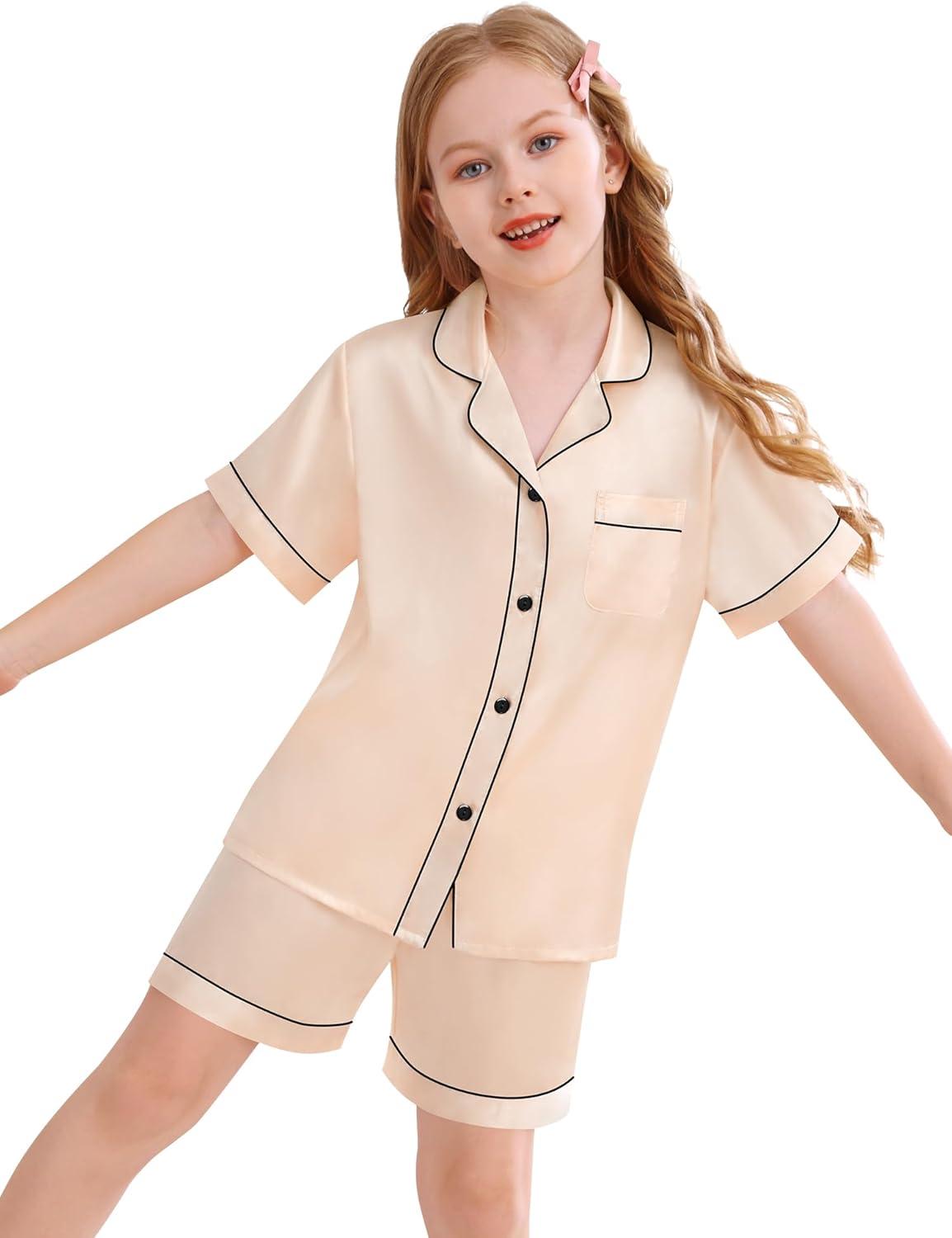 imageSWOMOG Kids Silky Satin Pajamas Set Girls Boys ButtonDown Sleepwear Short Sleeve 2 Piece PJs Sets Lounge SetsChampagne