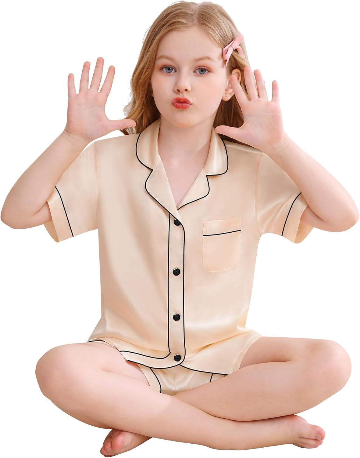 imageSWOMOG Kids Silky Satin Pajamas Set Girls Boys ButtonDown Sleepwear Short Sleeve 2 Piece PJs Sets Lounge SetsChampagne