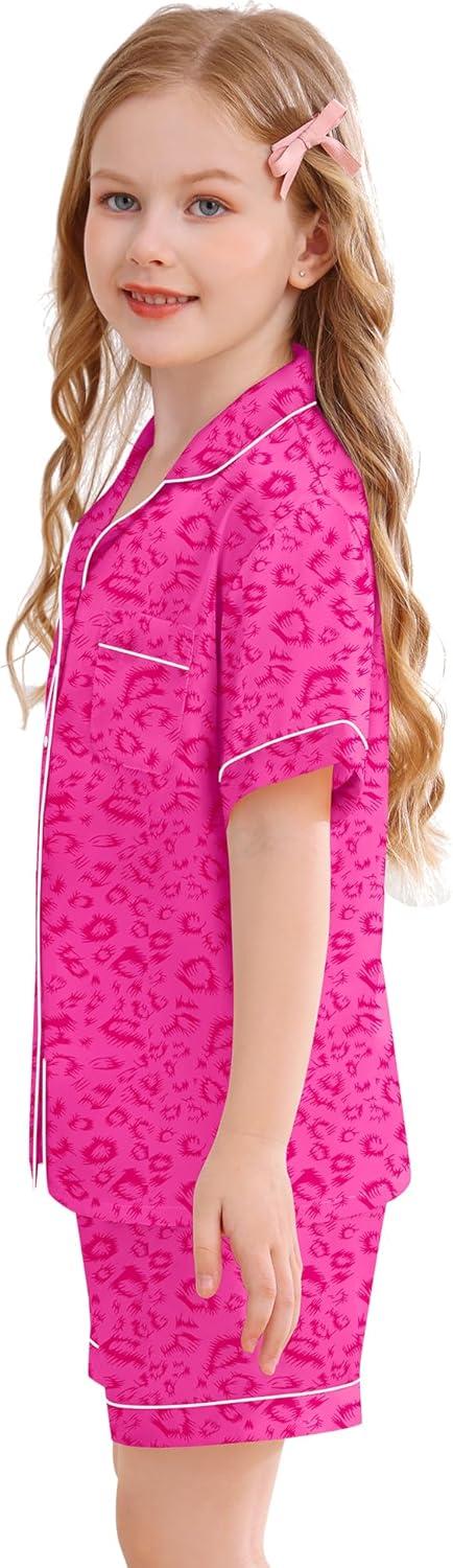 imageSWOMOG Kids Silky Satin Pajamas Set Girls Boys ButtonDown Sleepwear Short Sleeve 2 Piece PJs Sets Lounge SetsHot Pink Leopard