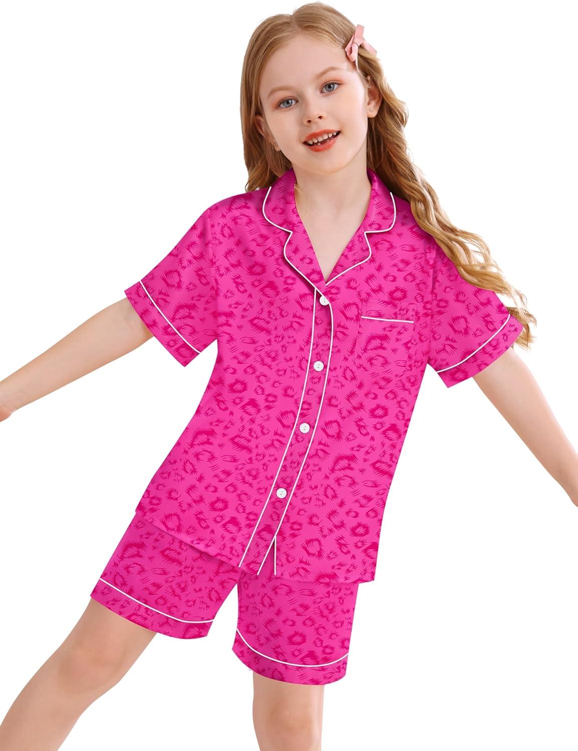imageSWOMOG Kids Silky Satin Pajamas Set Girls Boys ButtonDown Sleepwear Short Sleeve 2 Piece PJs Sets Lounge SetsHot Pink Leopard