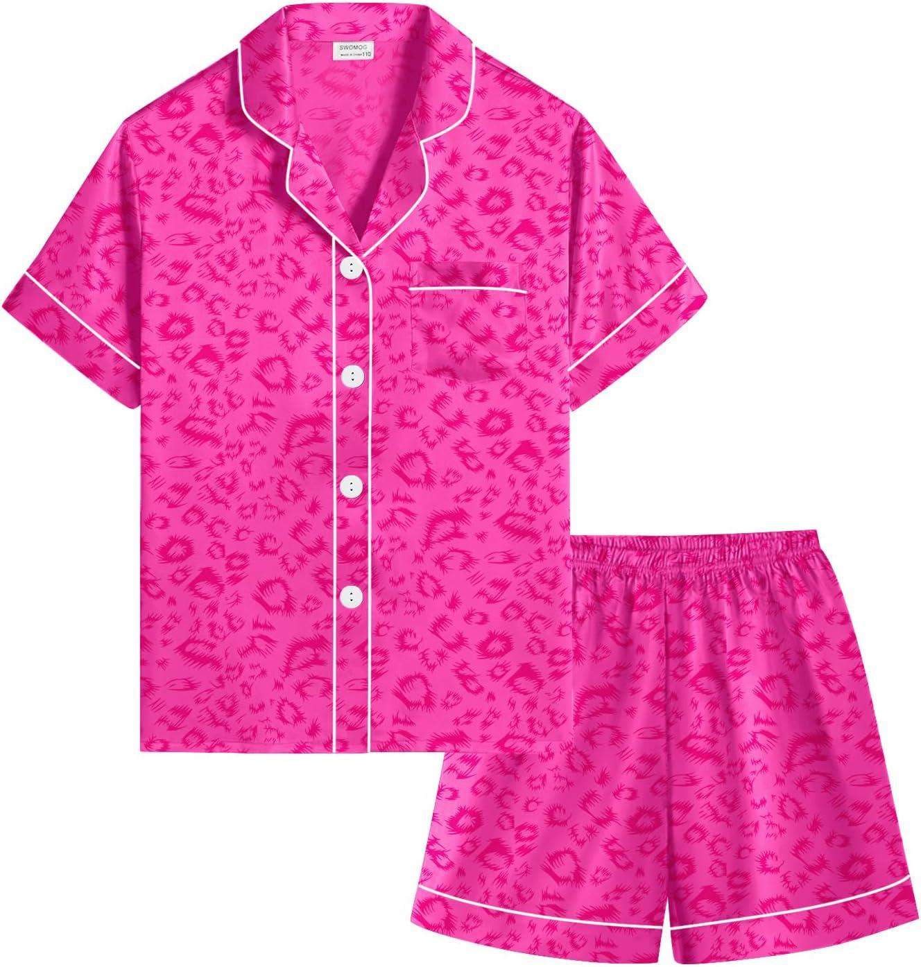 imageSWOMOG Kids Silky Satin Pajamas Set Girls Boys ButtonDown Sleepwear Short Sleeve 2 Piece PJs Sets Lounge SetsHot Pink Leopard