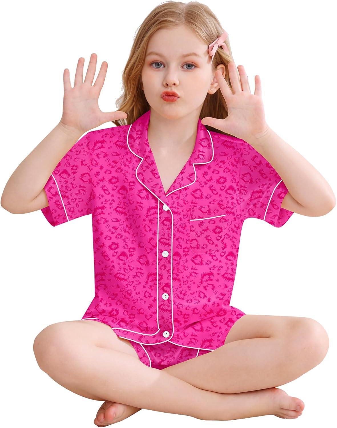 imageSWOMOG Kids Silky Satin Pajamas Set Girls Boys ButtonDown Sleepwear Short Sleeve 2 Piece PJs Sets Lounge SetsHot Pink Leopard
