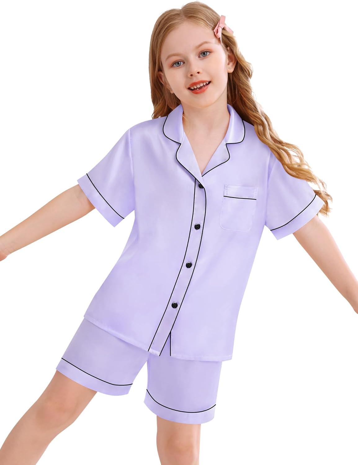 imageSWOMOG Kids Silky Satin Pajamas Set Girls Boys ButtonDown Sleepwear Short Sleeve 2 Piece PJs Sets Lounge SetsLavender