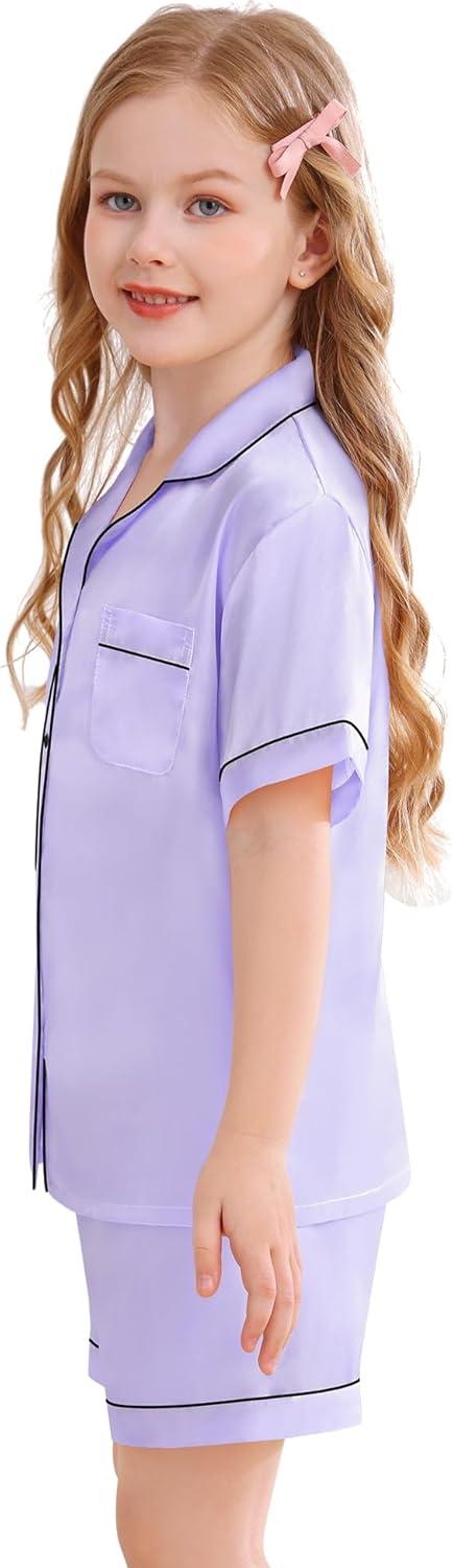 imageSWOMOG Kids Silky Satin Pajamas Set Girls Boys ButtonDown Sleepwear Short Sleeve 2 Piece PJs Sets Lounge SetsLavender