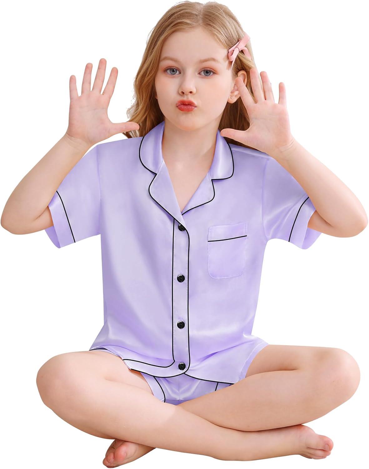imageSWOMOG Kids Silky Satin Pajamas Set Girls Boys ButtonDown Sleepwear Short Sleeve 2 Piece PJs Sets Lounge SetsLavender