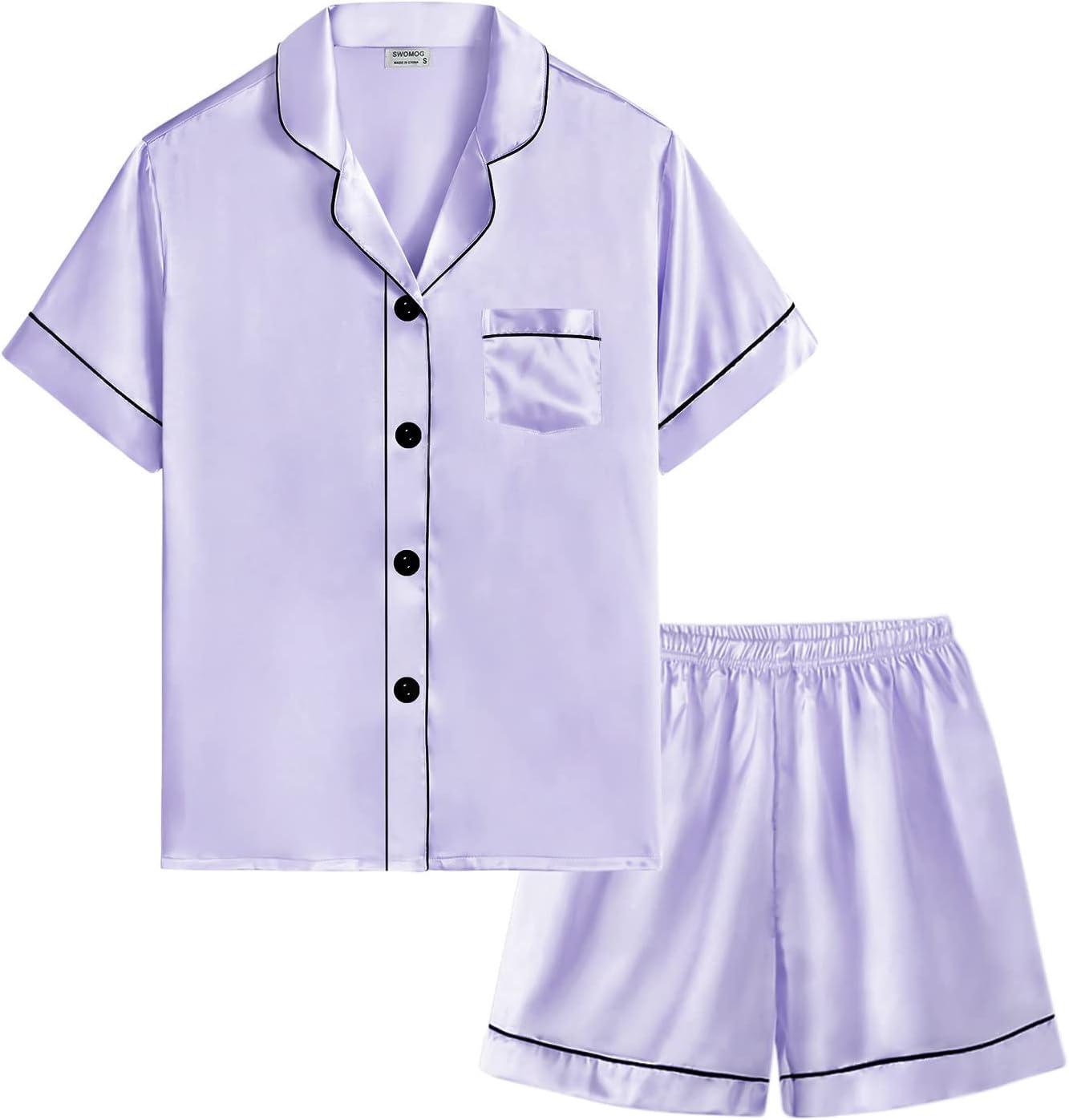 imageSWOMOG Kids Silky Satin Pajamas Set Girls Boys ButtonDown Sleepwear Short Sleeve 2 Piece PJs Sets Lounge SetsLavender