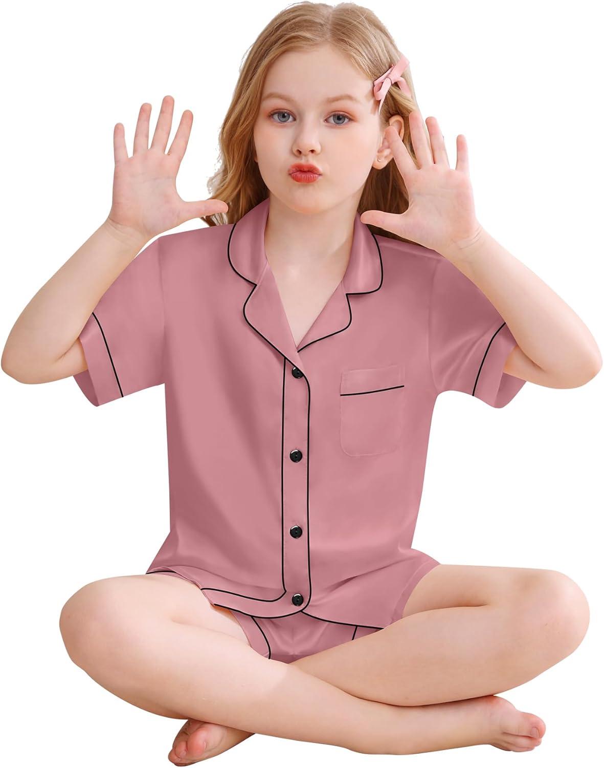 imageSWOMOG Kids Silky Satin Pajamas Set Girls Boys ButtonDown Sleepwear Short Sleeve 2 Piece PJs Sets Lounge SetsMisty Rose