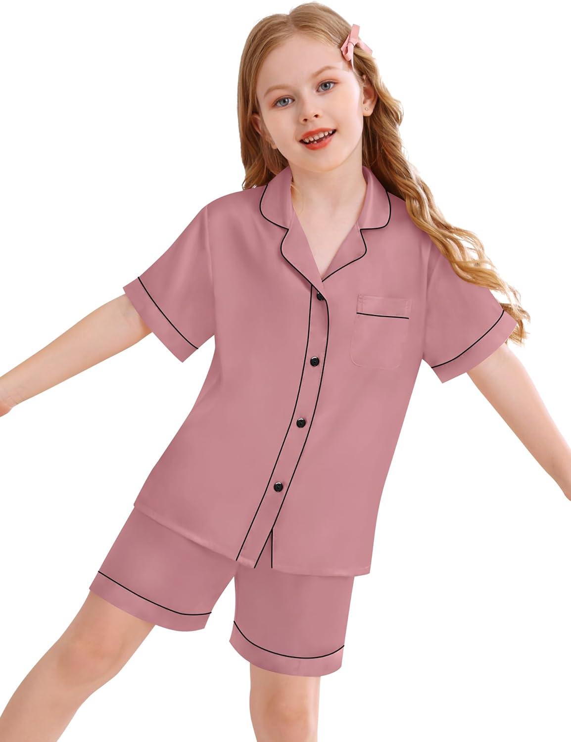 imageSWOMOG Kids Silky Satin Pajamas Set Girls Boys ButtonDown Sleepwear Short Sleeve 2 Piece PJs Sets Lounge SetsMisty Rose